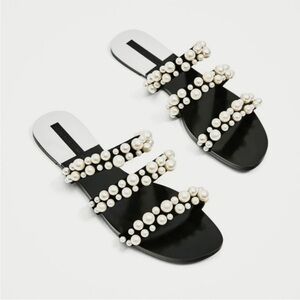 Zara Pearly Pearl Strappy Sandals Slides GUC